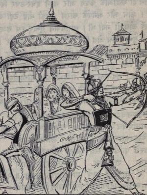 Bhishma abducting Amba, Ambika, and Ambalika
